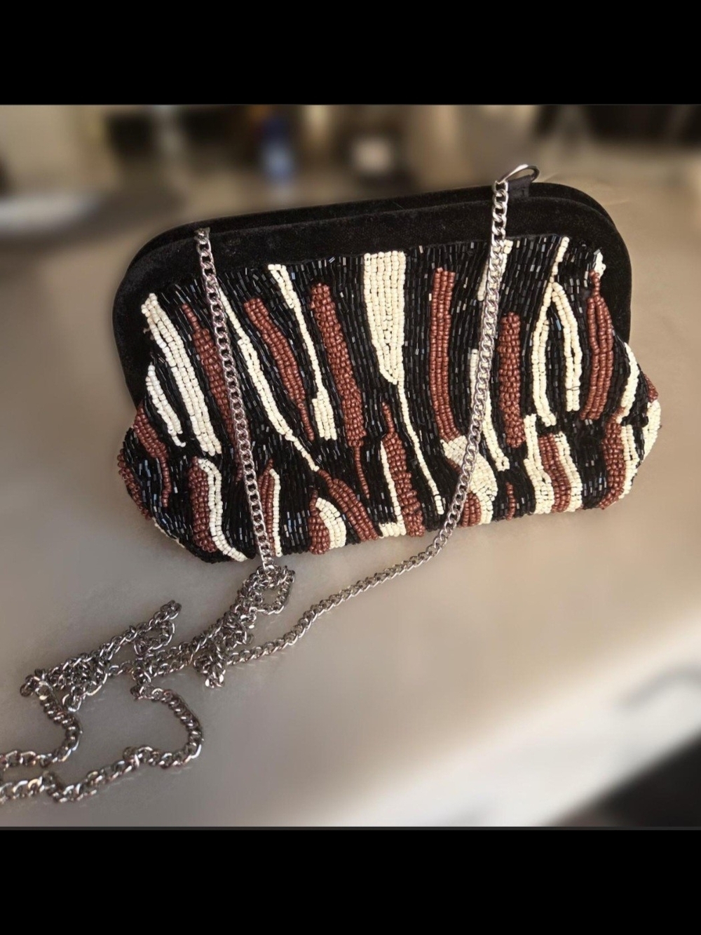 Beaded Zebra-Stripe Crossbody Clutch in Black, Cream & Brown
